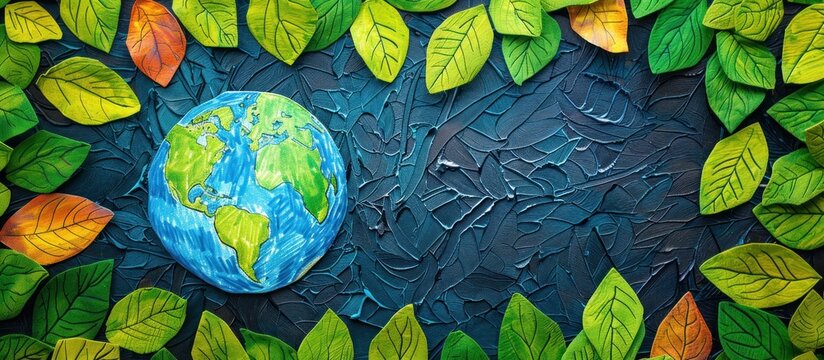 A painted depiction of the Earth surrounded by lush green leaves, showcasing the interconnectedness of nature and the planets biodiversity.