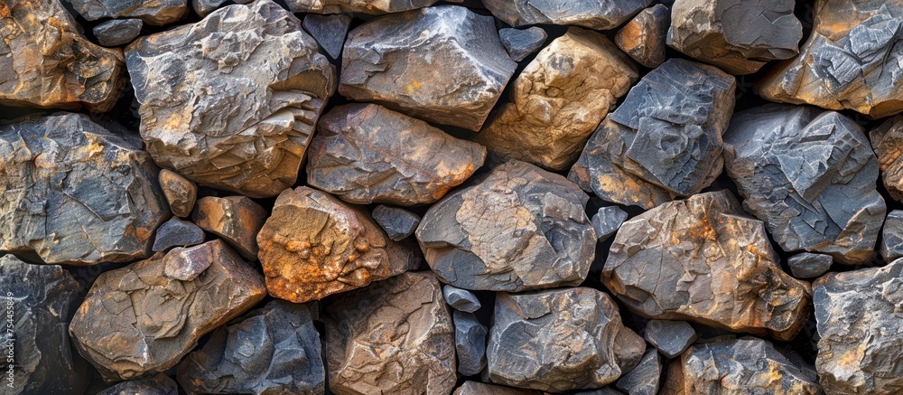 Poster a close-up view of a large pile of rocks stacked next to each other.