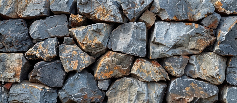 Poster Close-up view of a stack of rocks showing signs of weathering with rust deposits on their surfaces.