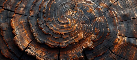 Close up view of a tree trunk, revealing the growth rings forming intricate patterns over time.