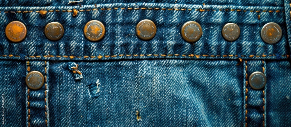 Poster a close-up view of blue denim jeans featuring a row of buttons down the front. the buttons add a uni