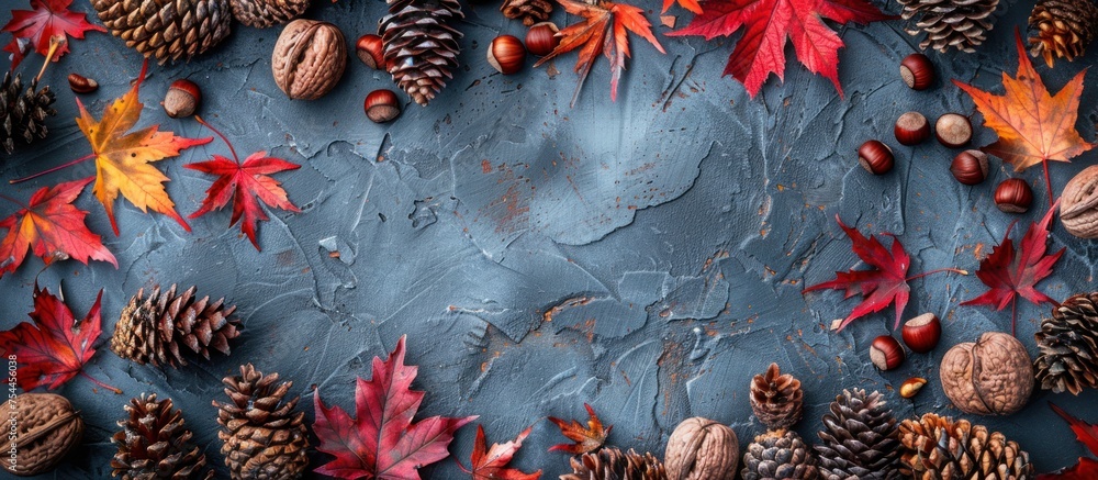Poster a table covered in various types of autumn leaves, creating a colorful and textured display. pine co