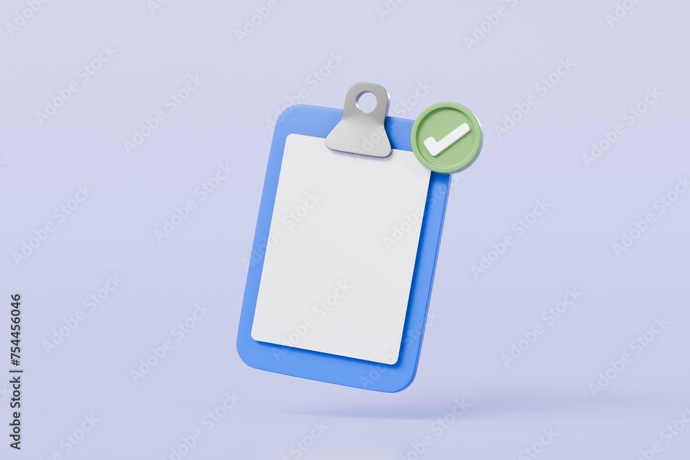 Poster 3d blue clipboard with blank paper notes and check marks icon symbol. confirmed or approved document
