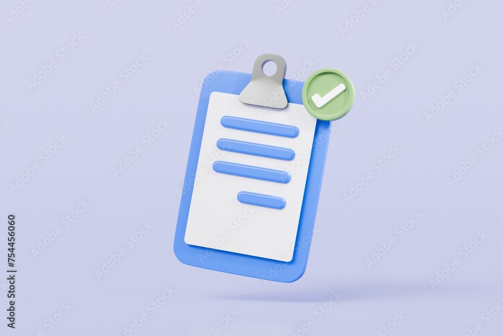 Poster 3d blue clipboard with blank paper notes and check marks icon symbol. confirmed or approved document