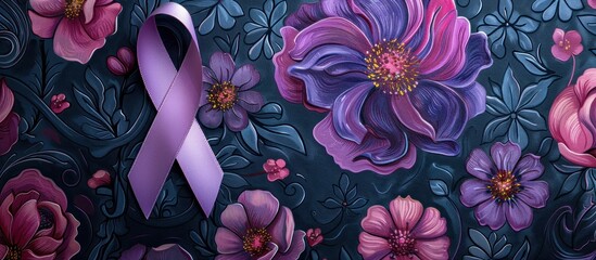A painting featuring vibrant flowers intertwined with a purple ribbon, symbolizing ovarian and uterine cancer awareness. - obrazy, fototapety, plakaty