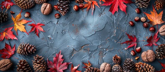 A table covered in various types of autumn leaves, creating a colorful and textured display. Pine cones add to the seasonal arrangement. - obrazy, fototapety, plakaty