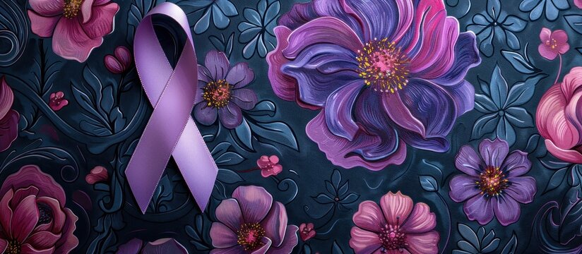 A painting featuring vibrant flowers intertwined with a purple ribbon, symbolizing ovarian and uterine cancer awareness. - Powered by Adobe
