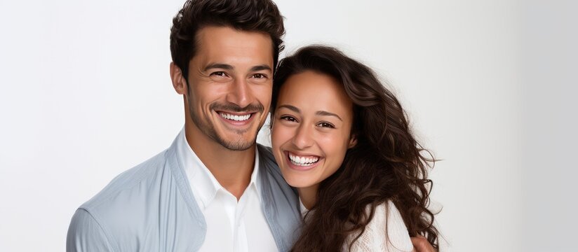 A cheerful Hispanic man and woman are posing for a picture on a white background. They are smiling and standing close to each other, exuding a sense of happiness and togetherness.