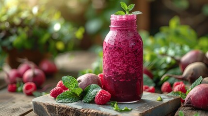 Smoothie with raspberries and mint in mason jar on wooden table - obrazy, fototapety, plakaty