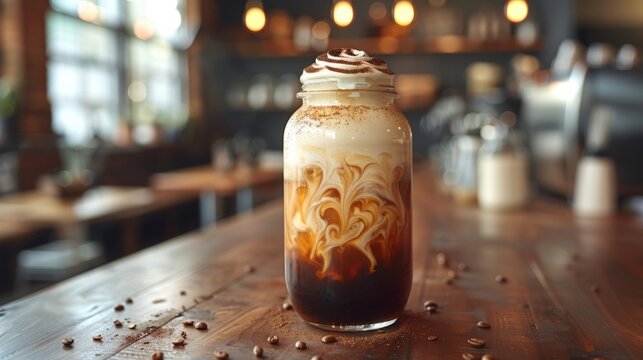Recipe Mason jar of iced coffee on wooden table at event