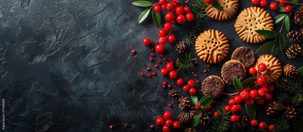 Poster a table filled with an assortment of cookies and fresh berries, creating a colorful and inviting dis