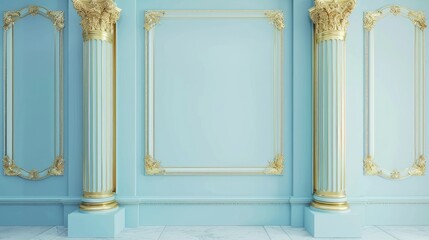 Background mock up luxury classic pastel blue color wall with gold elements and with columns .