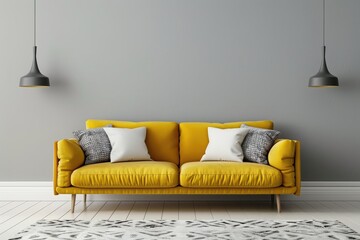 A yellow modern living room interior with decor ,mock up, minimalist design .