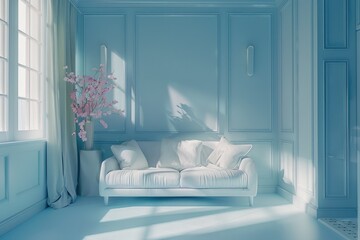 Pastel blue colored modern living room interior,mock up.