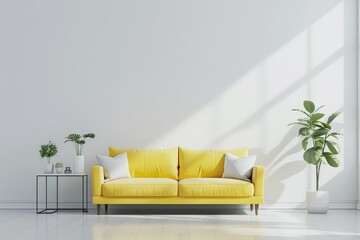 A yellow colored sofa in a grey walls modern minimalism style living room mock up.