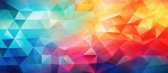 Obraz premium A dynamic and colorful abstract background featuring an array of triangular shapes in various bright hues. The triangles are arranged in a geometric pattern, creating a visually striking and energetic