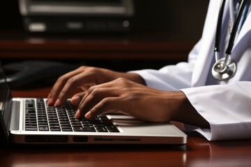 Close-up of doctor typing on computer keyboard in well-lit office with monitor displaying graphs