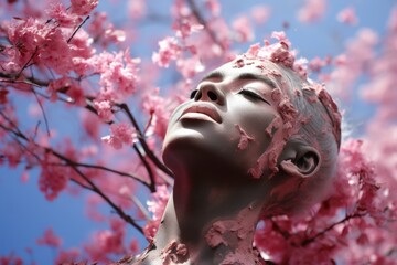 Surreal portrait amidst blooming pink flowers, conveying art and nature