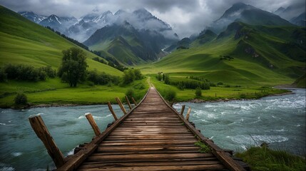 Naklejka premium Wooden path along a tranquil river, flanked by lush forests at dusk.