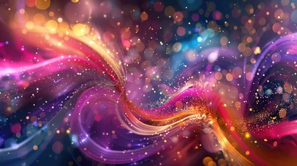 Poster Abstract swirls in Mardi Gras colors with sparkling confetti, creating a dynamic and festive background © Татьяна Креминская