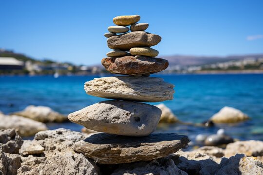 Tranquil stone stack on ocean, highlighting interplay of light and shadow for serene image