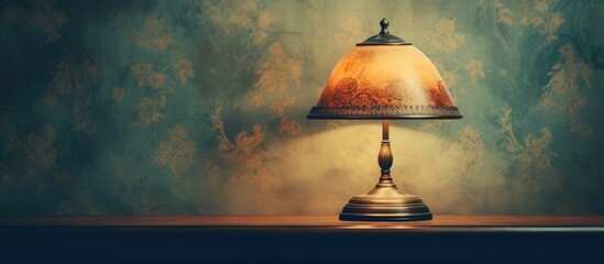 A vintage-style lamp sits on top of a wooden table, casting a warm glow in the room. The wooden texture of the table complements the classic design of the lamp, creating a cozy and inviting atmosphere - obrazy, fototapety, plakaty