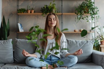 A woman is sitting on a couch and meditating. The couch is surrounded by potted plants, which give the room a calming atmosphere