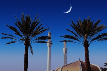 A crescent moon is seen above a mosque in the evening. Hassan En any Mosque at night in Jeddah