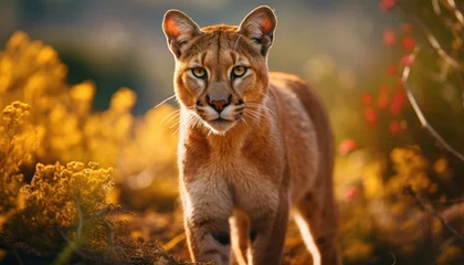 Zelfklevend Fotobehang A close-up view of a puma gracefully walking through a field, showcasing its powerful stride and elegant movement amidst the natural surroundings © Anna
