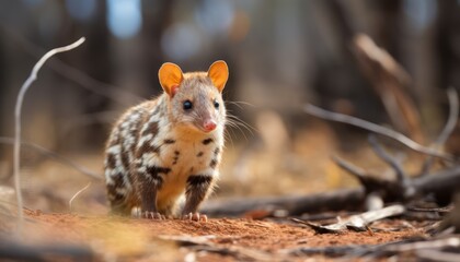 A small, furry Quoll is seen walking through a dense forest filled with tall trees. The animal moves cautiously, blending seamlessly with its surroundings