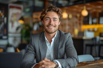 Fototapeta premium A respectable white young guy in a gray suit at a wooden table in a bright, brightly lit office. The man smiles Job interview.