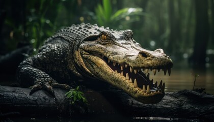 Obraz premium A sizable saltwater alligator is lounging comfortably atop a wooden log in its natural habitat. The reptile appears motionless, blending in with its surroundings