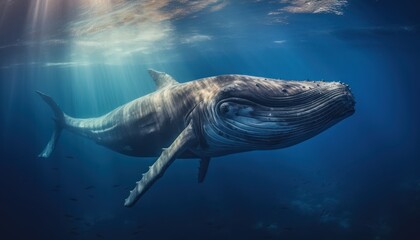 A Sperm whale gracefully swims through the deep blue ocean, its massive body moving effortlessly...