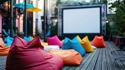 A row of colorful bean bags are arranged on a wooden deck, with a large white screen in the background. The scene suggests a relaxed and comfortable atmosphere