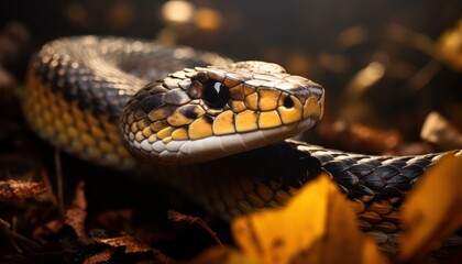 Fototapeta premium A detailed view of a Tiger Snake slithering on the ground, showing its distinctive patterns and scales. The snake appears alert and ready to move, showcasing its natural behavior in its habitat