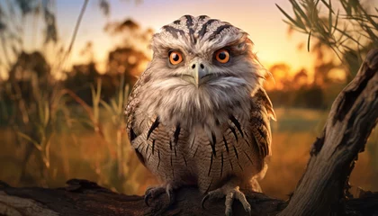 Kissenbezug A Tawny Frogmouth owl is perched gracefully on a tree branch as the sun sets in the background. The owl is alert and watching its surroundings against the colorful sky © Anna