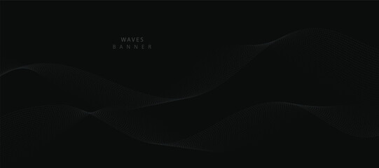 Abstract grey wavy lines on a black background. Vector modern black background template.