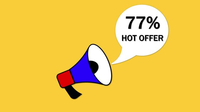 Megaphone with 77% hot offer speech bubble animated on a yellow background.
