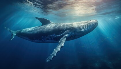 A blue humpback whale gracefully swims through the ocean, its massive body gliding effortlessly through the water. The whales distinctive hump and long pectoral fins are visible. - obrazy, fototapety, plakaty