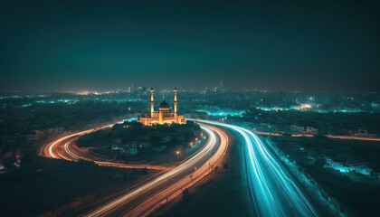 Mosque in the city at night with car light trails, Istanbul, Turkey