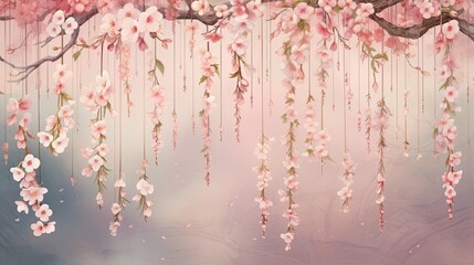 Illustration of hanging garlands of cherry blossoms, romantic style