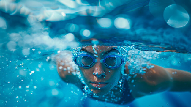 A female swimmer underwater during a swim.