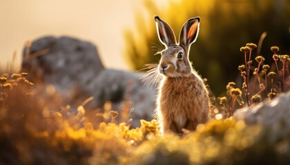 A European hare, with its brown fur, is calmly sitting amidst a meadow filled with vibrant yellow...
