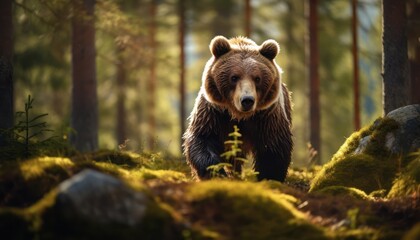 Fototapeta premium A large European Brown Bear strides through a dense forest, its massive paws making imprints in the earth as it moves along steadily. The bears fur blends seamlessly with the surrounding trees.