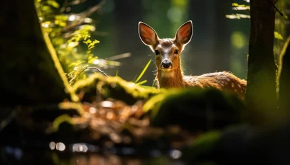 Fototapeten A European Roe deer is standing in the middle of a dense forest, surrounded by tall trees and lush foliage. The deer appears alert, with its ears perked up, blending seamlessly into its habitat. © Anna