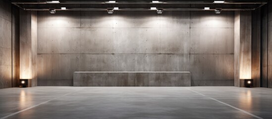 An empty room with a bench positioned in the middle, surrounded by concrete walls. The space appears to be a podium style hall, resembling an industrial plant or an old warehouse showroom backdrop. - obrazy, fototapety, plakaty