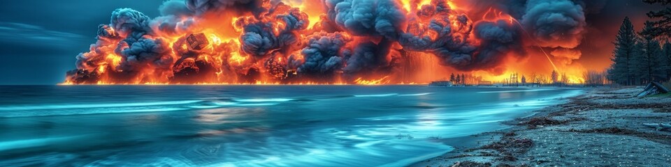 Panoramic View of Explosive Nighttime Volcanic Eruption by the Ocean, Lava Explosions, Fiery Disaster, Natural Cataclysm