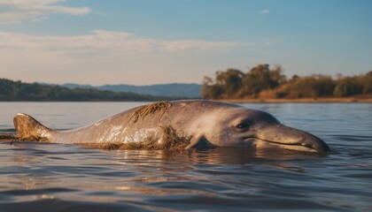 Fototapeta premium A Irrawaddy dolphin is swimming in the water near the shore. The playful mammal gracefully moves through the clear blue water, its dorsal fin cutting through the surface as it explores its habitat