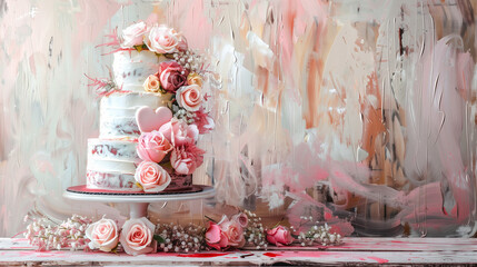 Beautiful art of wedding cake, heart and roses on wooden background