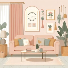 Cozy living room interior with sofa, pastel colors, isolated illustration in flat style